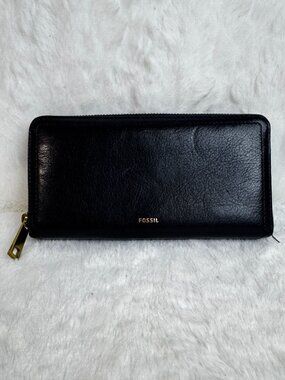 Fossil Black Leather Zip-Around Wallet Gold Accents Multiple Card Slots Logo